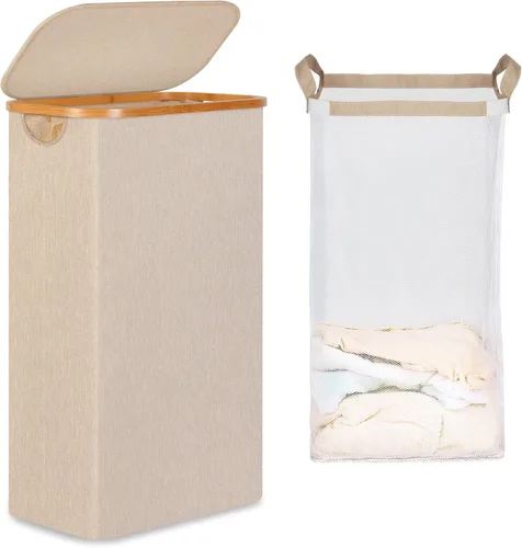 Miniatura 21 de iEGrow Cesta de lavandería delgada de 65L, cesta de lavandería estrecha con tapa, cesta de ropa plegable con asas de bambú, cesta de lavandería