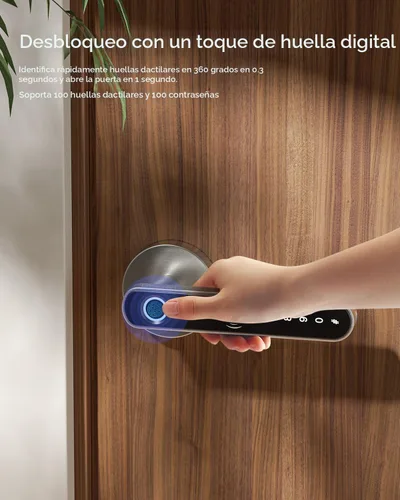 Miniatura 2 de TMEZON Cerradura inteligente para puerta, huella digital, cerradura de puerta de entrada sin llave con asa, tarjetas APP/IC/códigos/llaves/huellas