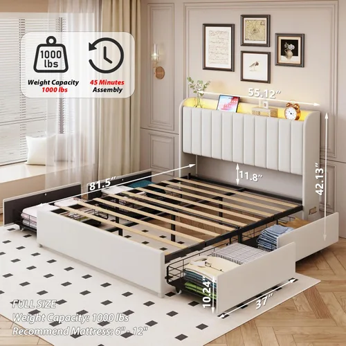 Miniatura 2 de Marco de cama completa con 4 cajones y cabecera de almacenamiento, marco de cama de plataforma tapizada tamaño completo con luces LED y práctica