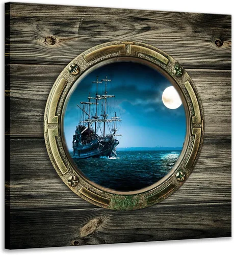 Biuteawal - Lienzo con vista nocturna de luna llena, vista de ventana del océano, arte de pared, barco de vela, pintura de paisaje marino, obras de