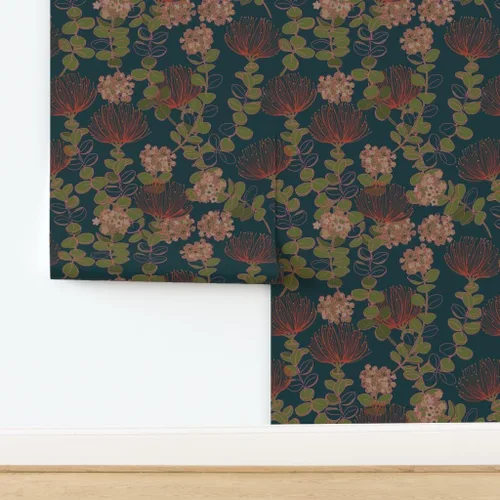 Miniatura 4 de Muestro de papel tapiz extraíble, diseño botánico oscuro hawaiano, flores florales hawaianas, color rojo, verde azulado, tropical mojado, papel