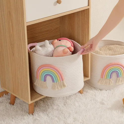 Miniatura 4 de Cestas de almacenamiento de juguetes cesta de almacenamiento de cuerda de algodón tejida con decoración de arco iris para niños, cestas de manta