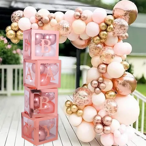 Miniatura 6 de 82 piezas de cajas de bebé de oro rosa con letras para decoraciones de baby shower, bloques de bebé transparentes jumbo para niña, caja de globos