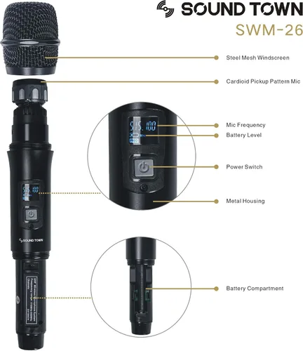 Miniatura 6 de Sound Town Sistema de micrófono inalámbrico UHF de metal de 200 canales con 1 micrófono de mano, 1 micrófono de solapa y escaneo automático