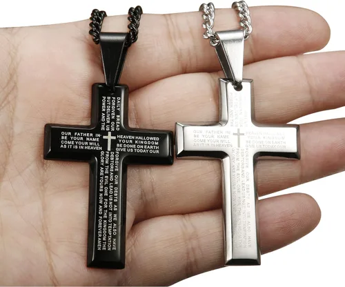 Miniatura 7 de LOYALLOOK Collar de acero inoxidable para hombre, 24 pulgadas, plata y tono negro con cruz colgante de oración del señor