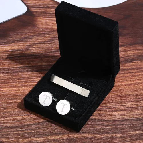 Miniatura 48 de LOYALLOOK - Gemelos de acero inoxidable grabados con inicial y clip de corbata, diseño de letras del alfabeto con caja de regalo, A-Z