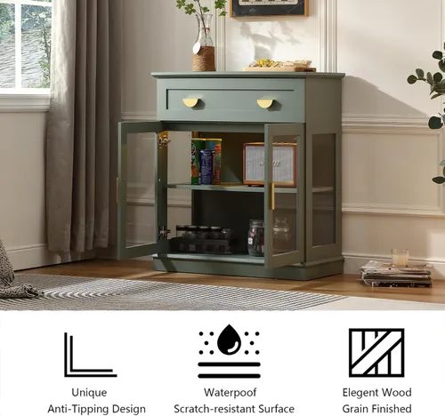 Miniatura 10 de FOREST GRAVITY Armario de buffet pequeño de 31.5 pulgadas con puertas de cristal, pequeño gabinete de barra de café con almacenamiento, aparador