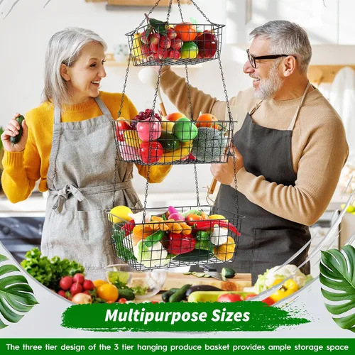 Miniatura 6 de Hicarer Cesta de frutas colgante de 3 niveles cuadrada de 35.4 pulgadas, organizador de frutas de cocina, organizador de alambre resistente