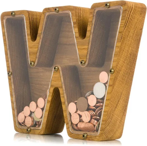 Alcancía de madera personalizada con letra para niños, niñas y adultos, bancos de monedas de madera de roble duradero, 3 tamaños para elegir,