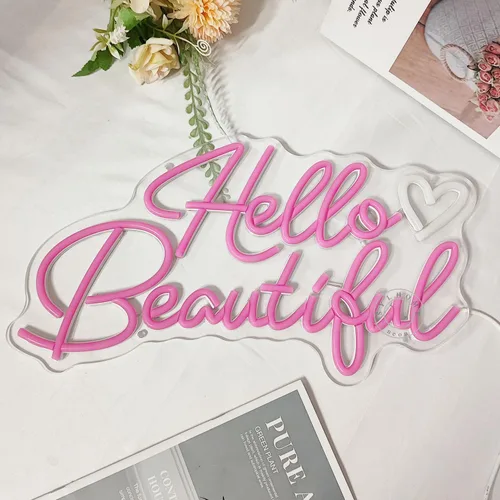 Miniatura 8 de SYLHOME Letrero de luz LED de neón con texto en inglés «Hello Beautiful» con diseño de corazón rosa Hello Gorgeous para dormitorio, boda, fiesta