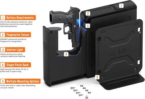 Miniatura 2 de RPNB Caja fuerte para armas, Caja fuerte biométrica montada para mesita de noche con puerta corredera de acceso rápido, Cajas fuertes para pistolas