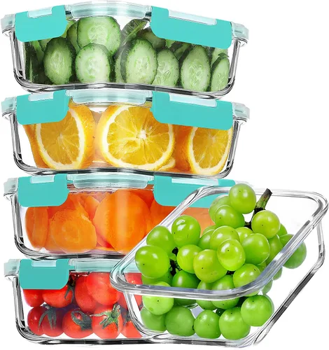 VERONES Paquete de 5 contenedores de 36 onzas de vidrio para preparar comidas, juego de contenedores de vidrio herméticos para almuerzo,