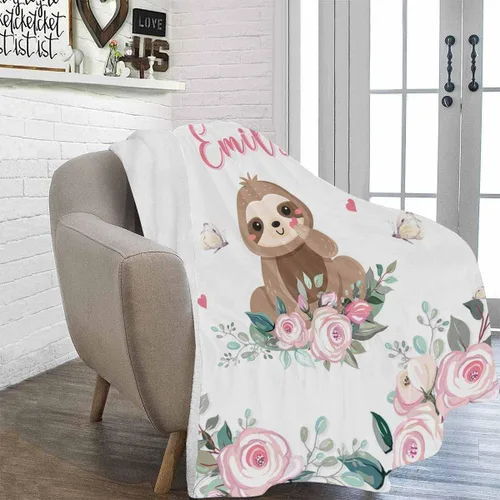 Miniatura 2 de Manta personalizada para niñas con nombre, manta personalizada de perezoso y mariposa, manta de forro polar suave para recién nacidos, baby shower