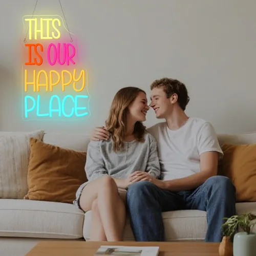 Miniatura 7 de NOSUN Letrero de neón con texto en inglés «This is Our Happy Place» para decoración de pared, letras coloridas y alegres, luces LED de neón con USB