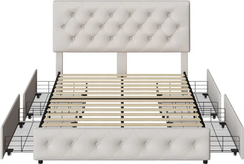 Miniatura 8 de TTVIEW Base de cama de tamaño matrimonial con 4 cajones de almacenamiento y cabecera ajustable, plataforma tapizada con diseño capitoné, soporte