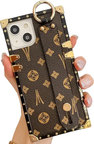 Miniatura 19 de Funda rectangular de cuero compatible con 11 con correa para muñeca, funda de diseñador de lujo para mujeres y niñas, funda protectora con soporte
