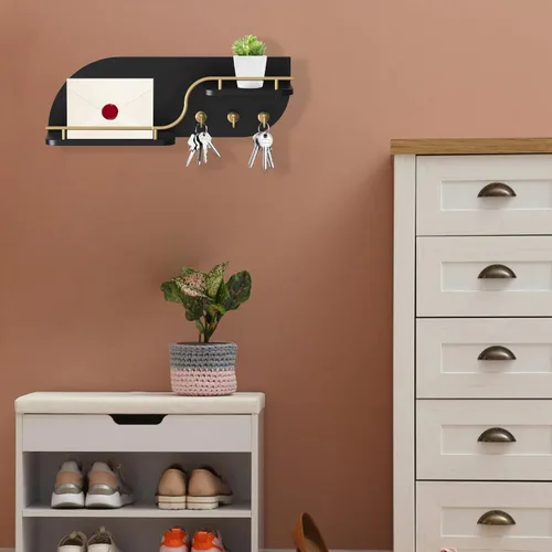 Miniatura 2 de Soporte para llaves de pared, organizador decorativo de llaves y correo con 3 ganchos de metal y 2 estantes, estante de llaves de madera montado