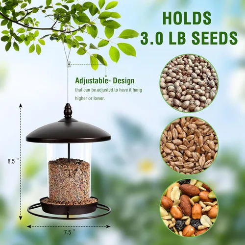 Miniatura 4 de Comedero para pájaros de metal para exteriores colgante, comedero de semillas de 3.0 LB, fácil de llenar y limpiar, alimentación de 360°, techo