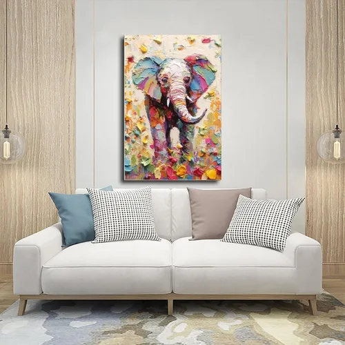 Miniatura 5 de Fyzuf Arte de pared de elefante - Pintura al óleo sobre lienzo, estilo cubismo, estética de elefante colorido, 12 x 18 pulgadas (11.8 x 17.7 in) sin