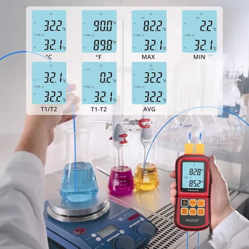 Miniatura 4 de Proster tester medidor de temperatura con retroiluminación LCD de dos canales con termómetro y termopar digital para clase K/J/T/E/R/S/N, con dos