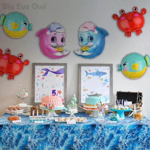 Miniatura 5 de Mantel de plástico con estampado de olas del océano azul bajo el mar, para playa, piscina, fiesta de cumpleaños, suministros de decoración