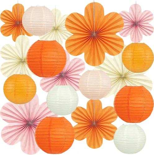 Decoraciones de fiesta rosa y naranja, juego de 18 linternas de papel y abanicos de flores | 8"-14" layered hanging decor for one sweet birthdays,