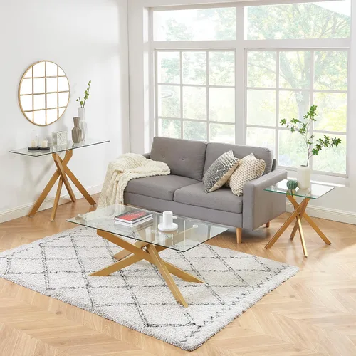 Miniatura 8 de Mesa consola moderna de patas cruzadas con vidrio templado de 0.315 pulgadas, mesa de entrada geométrica dorada para sala de estar y dormitorio, 45