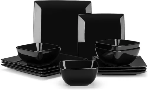 vancasso Soho - Juego de vajilla de 12 piezas, juego de platos y cuencos, juego de platos de cerámica negra, juego de platos para 4
