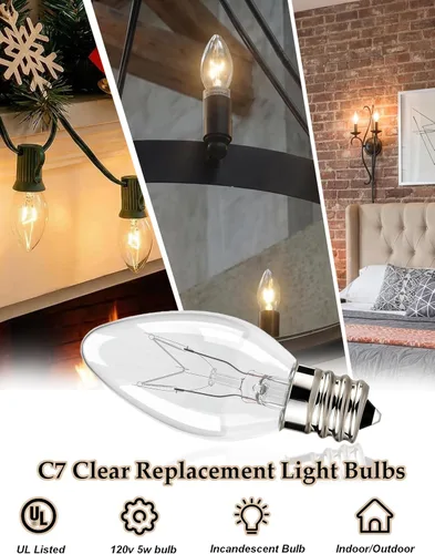 Miniatura 3 de Paquete de 25 Bombillas de Repuesto C7 Transparentes, Bombillas de Luz de Vela C7 para Exteriores, Luz de Vela Nocturna para Decoración de Patio