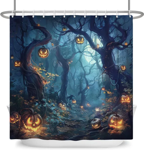 Miniatura 11 de Cortina de ducha de Halloween, cortinas de ducha de calabaza aterradora para baño, casa cazada de brujas, cortina de baño, cortina de baño
