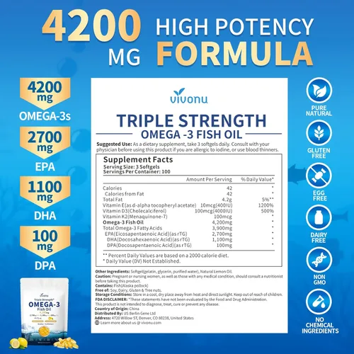 Miniatura 2 de VivoNu Aceite de pescado Omega 3 de triple fuerza, 4200 mg, 300 cápsulas blandas Recubrimiento entérico para no regusto a pescado capturado