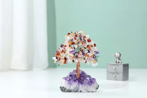 Miniatura 2 de Jovivi Árbol de Dinero de Cristal Curativo de Gemas de 7 Chakras Naturales sobre Base de Geoda Drusa de Racimo de Amatista, Cristales de Feng Shui