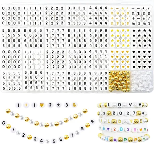 1400 cuentas redondas blancas y negras para pulseras, cuentas digitales de símbolo matemático del 0 al 9, juego de cuentas acrílicas de número de