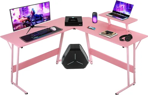 Miniatura 9 de NChanmar Escritorio para juegos en forma de L con soporte elevador para monitor, escritorio de esquina para oficina en casa para estudiar, trabajar