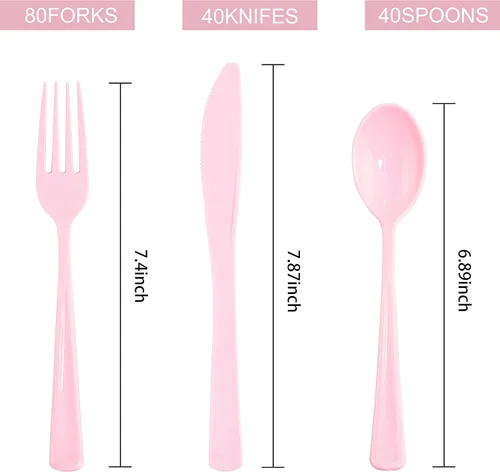 Miniatura 8 de WDF 160 piezas de cubiertos de plástico rosa - Cubiertos de plástico rosa resistentes incluye 80 tenedores, 40 cucharas, 40 cuchillos, utensilios