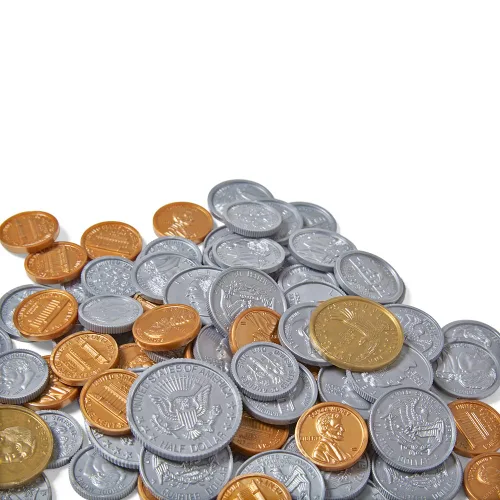 Miniatura 6 de hand2mind Juego surtido de monedas de dinero falsas, monedas falsas detalladas, dinero de utilería, dinero de juguete, dinero de juego para niños