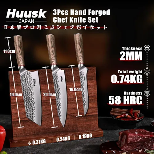 Miniatura 6 de Huusk Juego de cuchillos de cocina japoneses, juego de cuchillos de chef profesionales de 3 piezas para cocina, juego de cuchillos de carnicero