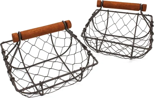 CVHOMEDECO. Cestas de alambre de pollo para huevos con mango de madera, cestas de almacenamiento estilo vintage de estilo campestre, juego de 2