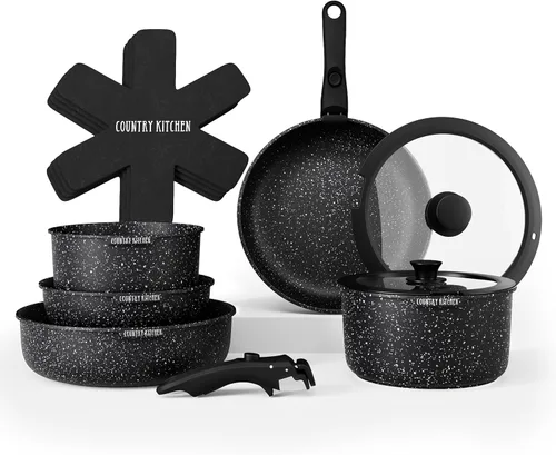 Country Kitchen Juego de utensilios de cocina con mango extraíble, juego de ollas y sartenes aptas para horno y caravana, color negro, original
