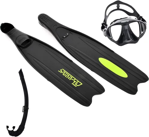 SpearPro Juego completo de apnea – Aletas largas de buceo gratis, máscara de bajo volumen, esnórquel sigiloso – Apnea de pesca submarina o paquete