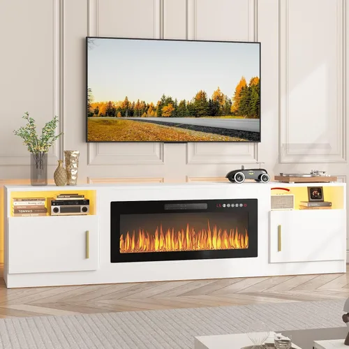 Miniatura 17 de PUKAMI Soporte de TV con chimenea de 18 pulgadas para sala de estar, centro de entretenimiento de 58 pulgadas con luces para las patas, gabinete