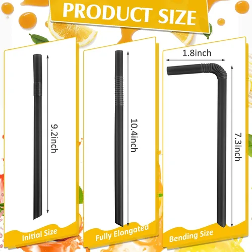 Miniatura 3 de Tessco for you 300 pajitas grandes de plástico a rayas de té de burbujas de 9.06 pulgadas, envueltas individualmente para beber jugo de batido Negro