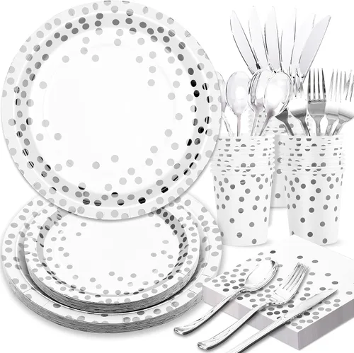 Miniatura 2 de Platos de papel plateado y servilletas para fiestas, platos blancos y plateados para 24, 168 piezas de decoraciones de fiesta plateadas para boda