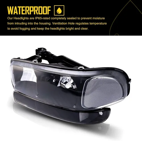 Miniatura 6 de KAX Conjunto de faros, repuesto negro para Sierra 1999-2006, Yukon 2000-2006, Sierra 1500 Classic Hybrid/SL/SLE/SLT/WT, GM2502188 GM2503188 GM2503188