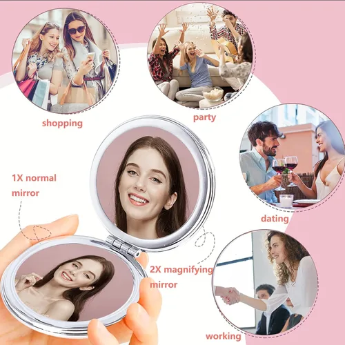 Miniatura 5 de Acedada Espejo compacto, espejo de bolsillo, espejo pequeño para bolso, espejo portátil de maquillaje de viaje, espejo plegable de mano de doble Rosa