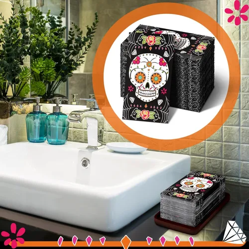 Miniatura 7 de Karenhi 200 servilletas para invitados del Día de los Muertos, 2 capas, diseño de calavera de azúcar, desechables, toallas de mano para baño