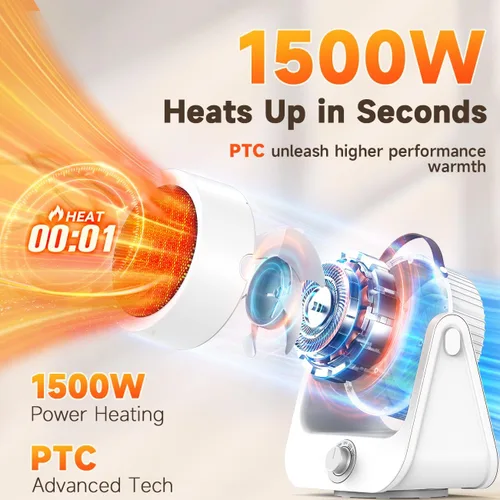 Miniatura 2 de Calentador eléctrico de garaje de cerámica PTC de 1500W, calefacción 1S de 250 pies cuadrados, oscilación 3D vertical y horizontal de 100° y 4