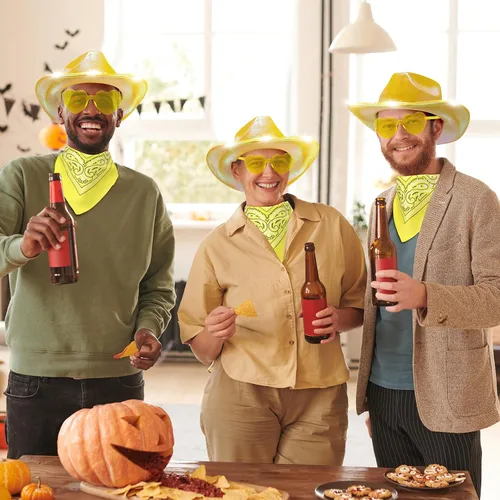 Miniatura 7 de Unittype Paquete de 18 sombreros de vaquero, sombrero de vaquera para novia, sombrero LED de vaquero espacial con 6 gafas, 6 bandana para mujer