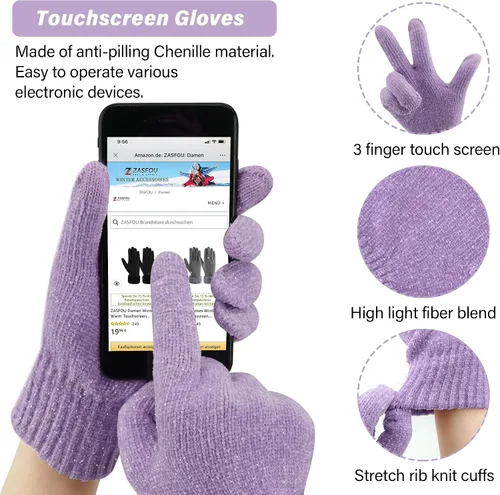 Miniatura 4 de Gorros de invierno para mujer, bufanda, calentador de cuello, guantes de pantalla táctil, con forro polar cálido, gorras de calavera de punto