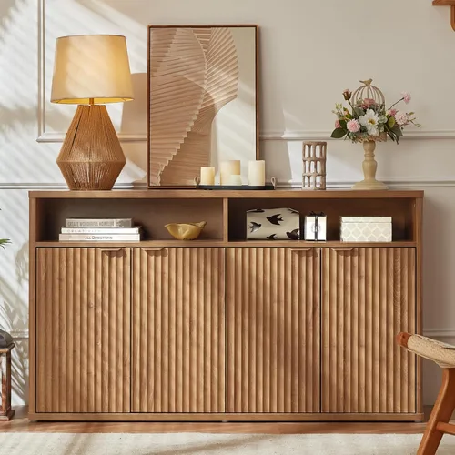 Miniatura 17 de LEYAOYAO Gabinete de buffet acanalado con almacenamiento, aparador de madera de 45 pulgadas de ancho con 3 puertas y estante de almacenamiento
